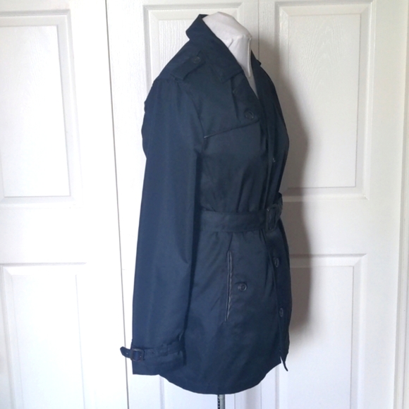 Navy Blue Trench Coat with Faux Leather Trim - Picture 3 of 9